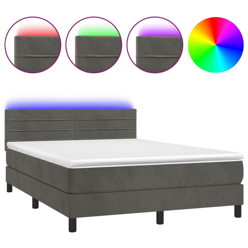 vidaXL sötétszürke bársony rugós és LED-es ágy matraccal 140x200 cm