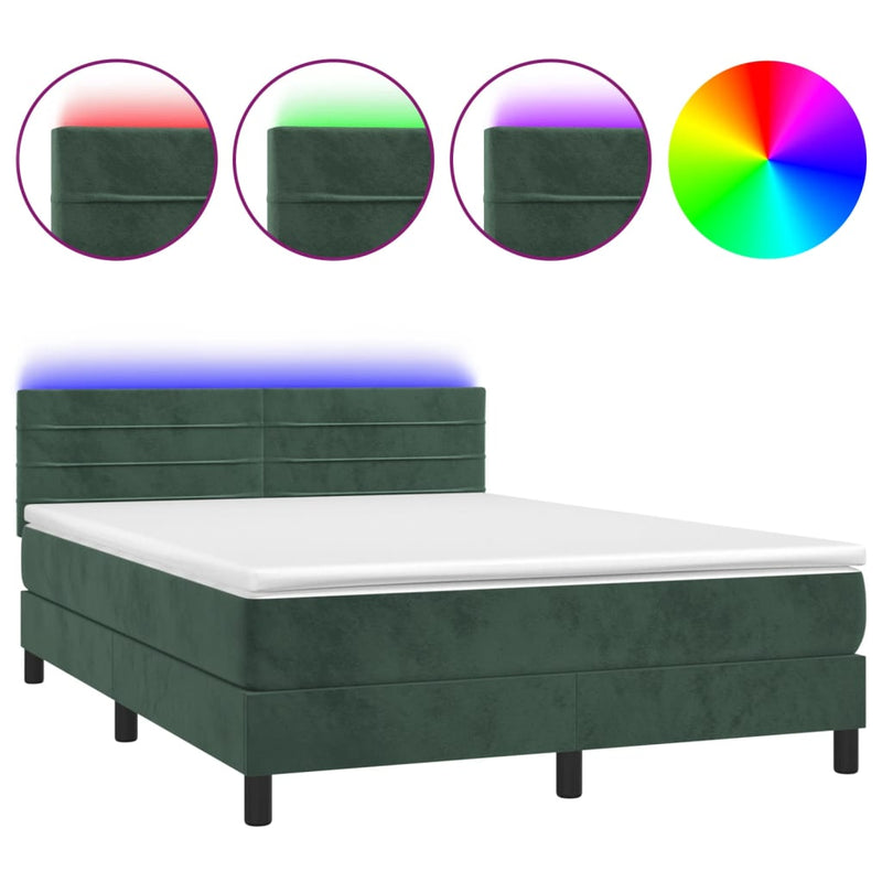 vidaXL sötétzöld bársony rugós és LED-es ágy matraccal 140x200 cm