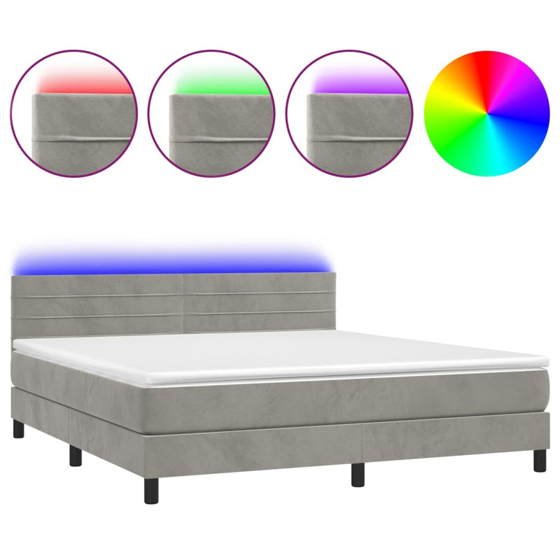 vidaXL világosszürke bársony rugós és LED-es ágy matraccal 180x200 cm