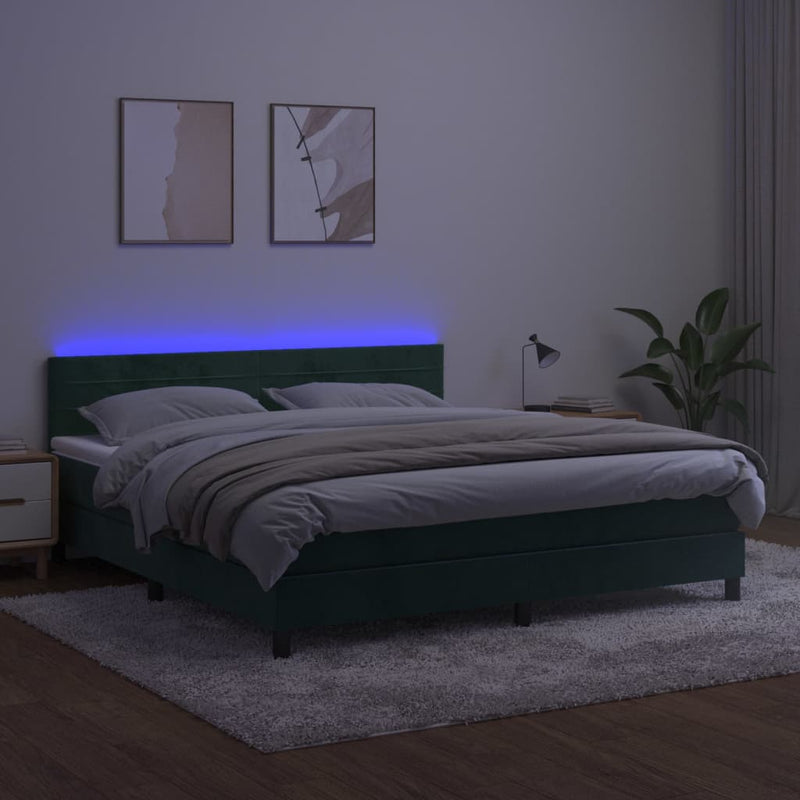vidaXL sötétzöld bársony rugós és LED-es ágy matraccal 180x200 cm