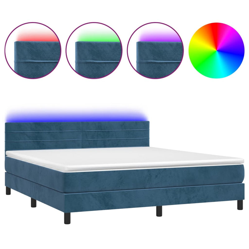 vidaXL sötétkék bársony rugós és LED-es ágy matraccal 180x200 cm