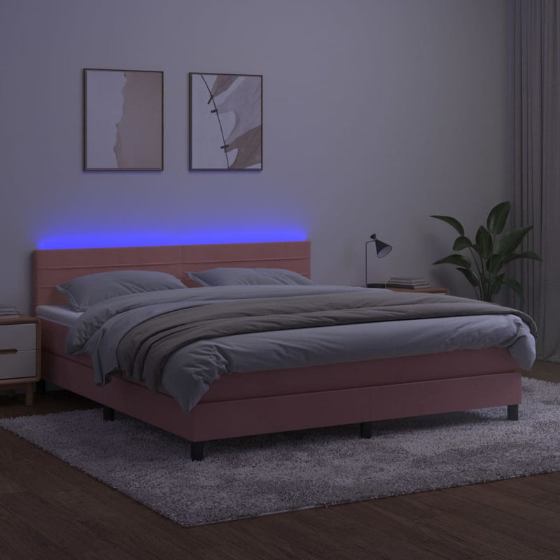 vidaXL rózsaszín bársony rugós és LED-es ágy matraccal 180x200 cm