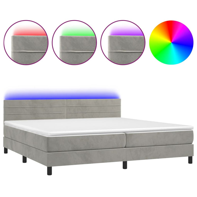 vidaXL világosszürke bársony rugós és LED-es ágy matraccal 200x200 cm