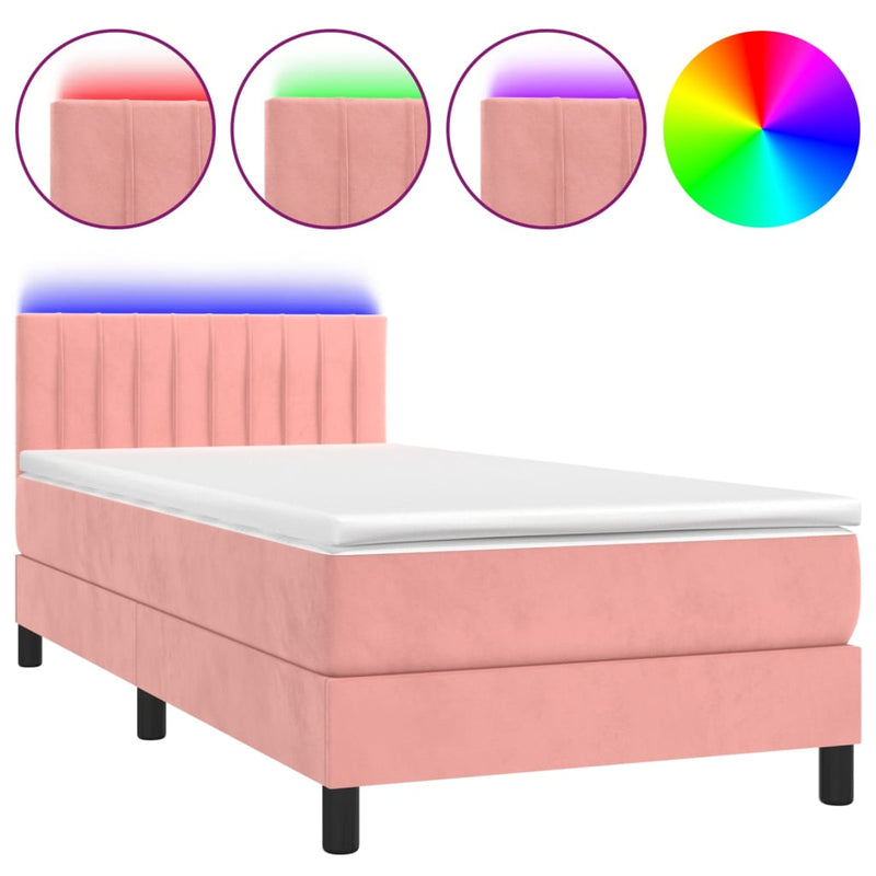 vidaXL rózsaszín bársony rugós és LED-es ágy matraccal 90x190 cm