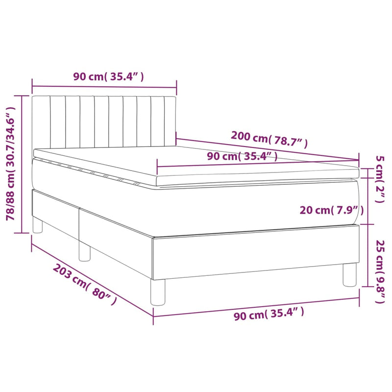vidaXL sötétkék bársony rugós és LED-es ágy matraccal 90x200 cm