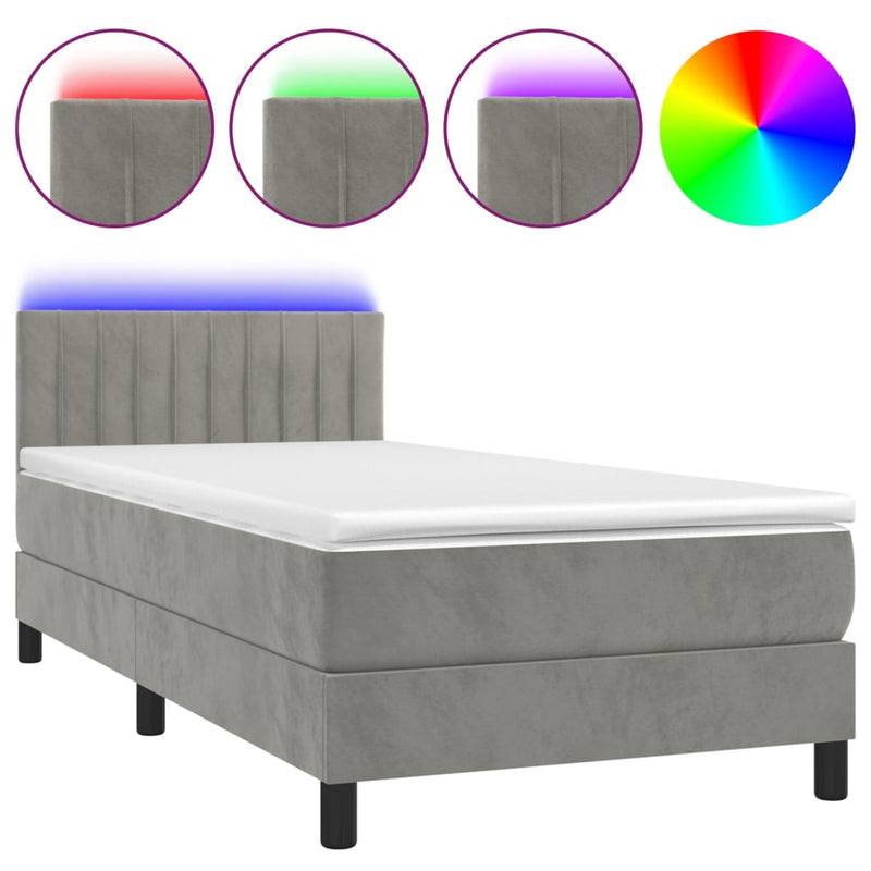 vidaXL világosszürke bársony rugós és LED-es ágy matraccal 100x200 cm