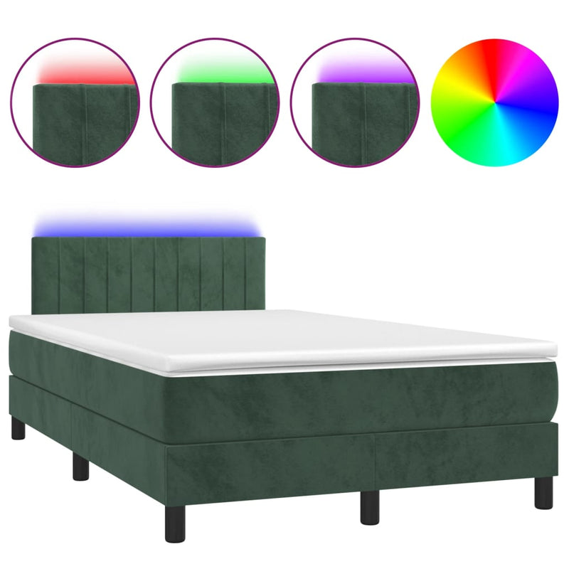 vidaXL sötétzöld bársony rugós és LED-es ágy matraccal 120x200 cm