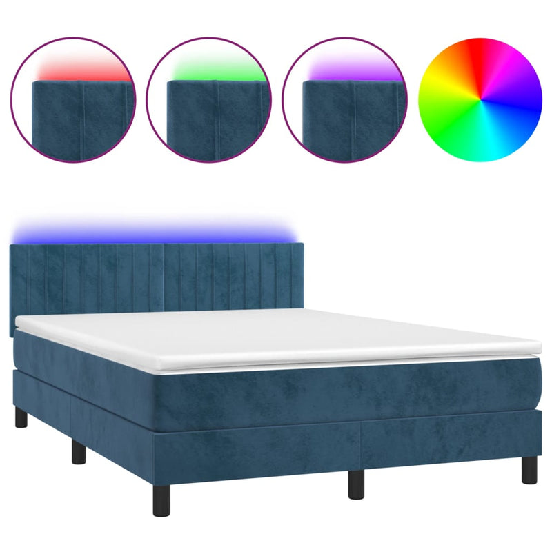 vidaXL sötétkék bársony rugós és LED-es ágy matraccal 140x190 cm