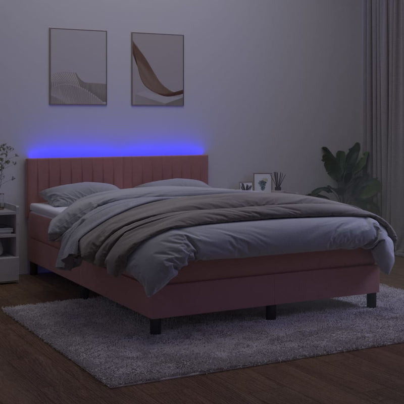 vidaXL rózsaszín bársony rugós és LED-es ágy matraccal 140x190 cm