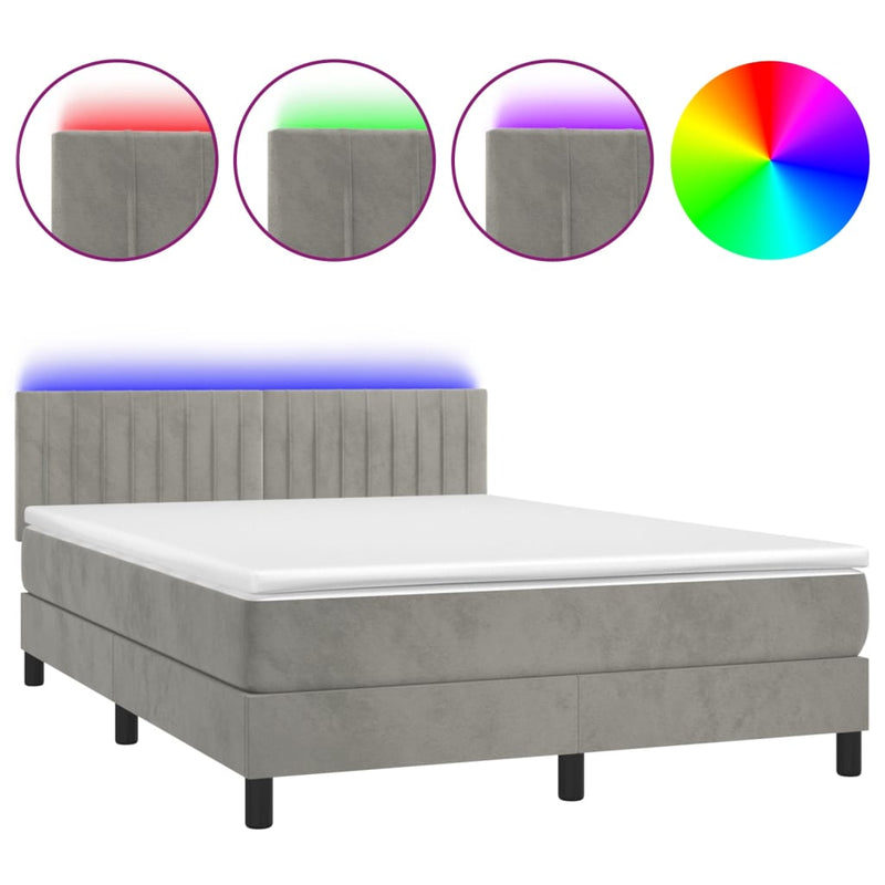 vidaXL világosszürke bársony rugós és LED-es ágy matraccal 140x200 cm