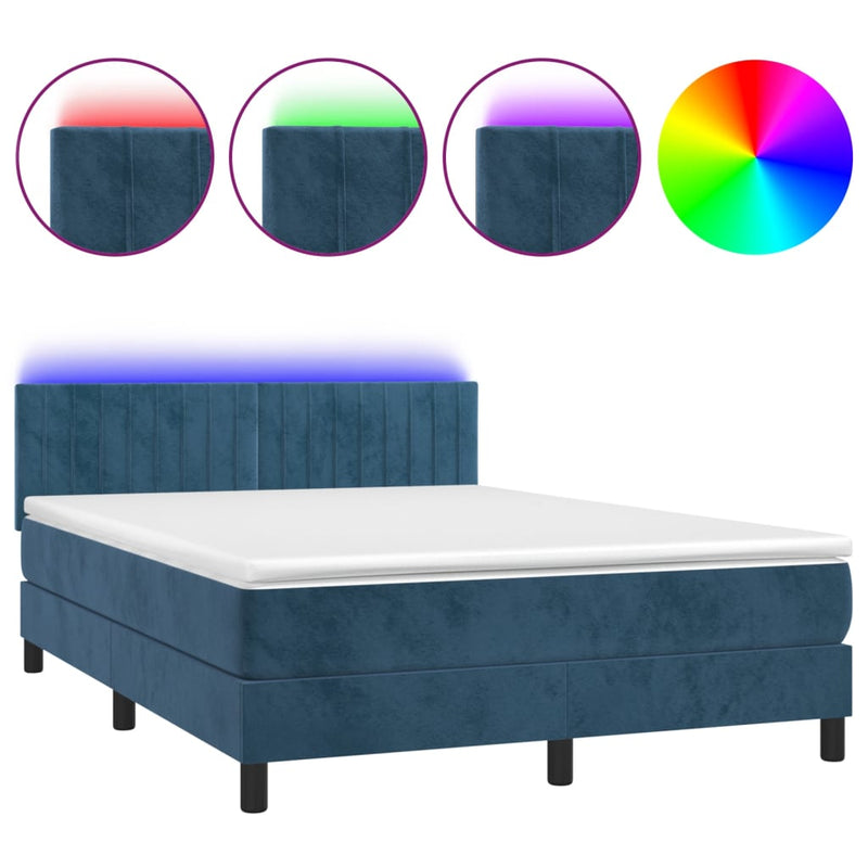vidaXL sötétkék bársony rugós és LED-es ágy matraccal 140x200 cm