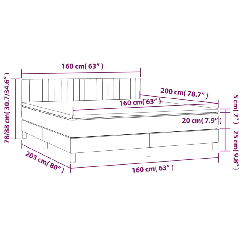 vidaXL világosszürke bársony rugós és LED-es ágy matraccal 160x200 cm