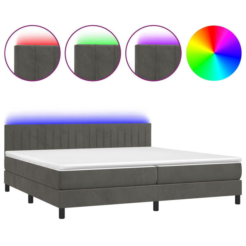vidaXL sötétszürke bársony rugós és LED-es ágy matraccal 200x200 cm