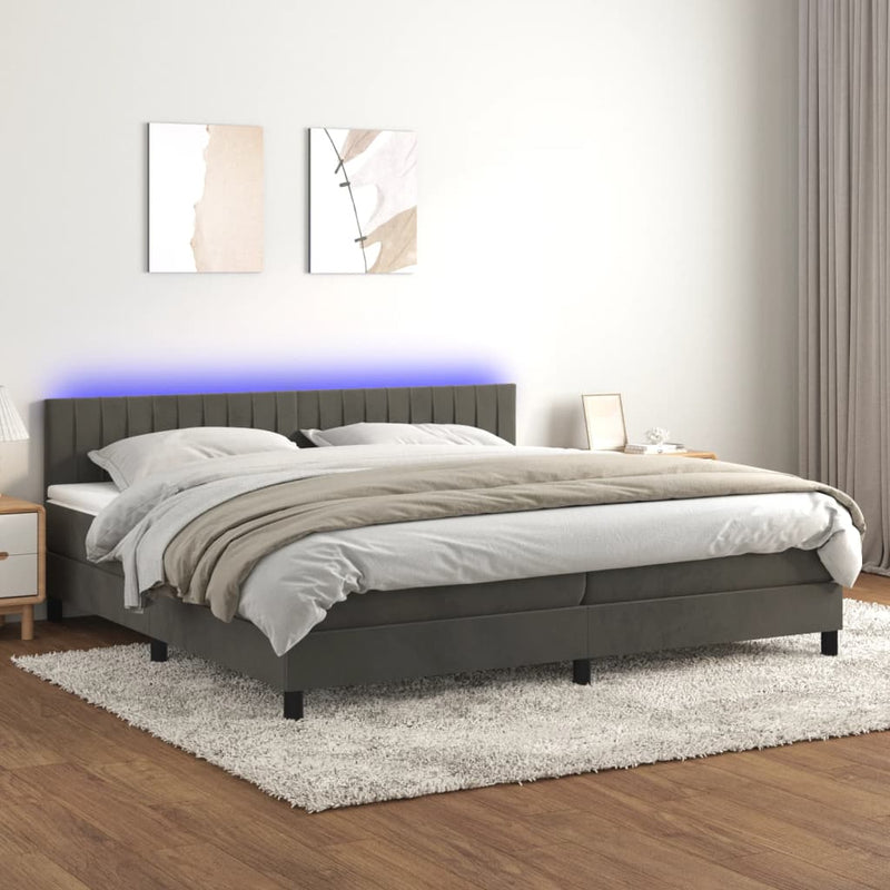 vidaXL sötétszürke bársony rugós és LED-es ágy matraccal 200x200 cm