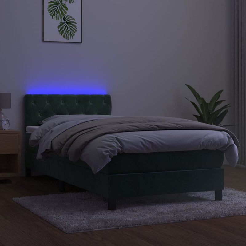 vidaXL sötétzöld bársony rugós és LED-es ágy matraccal 80 x 200 cm