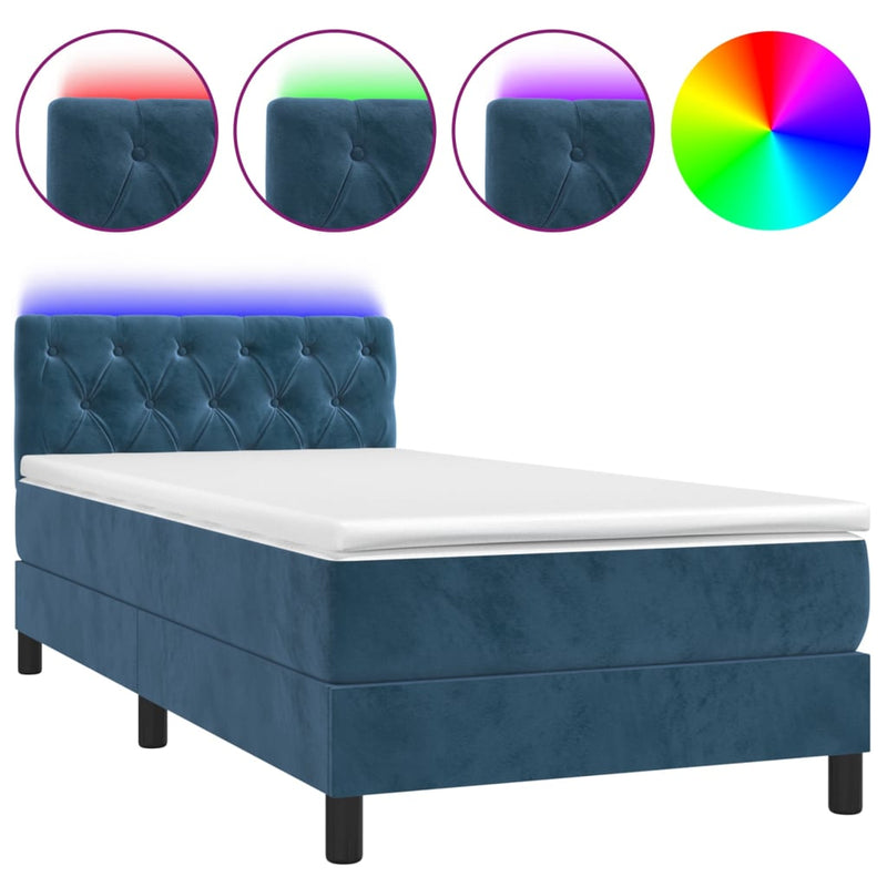 vidaXL sötétkék bársony rugós és LED-es ágy matraccal 80 x 200 cm