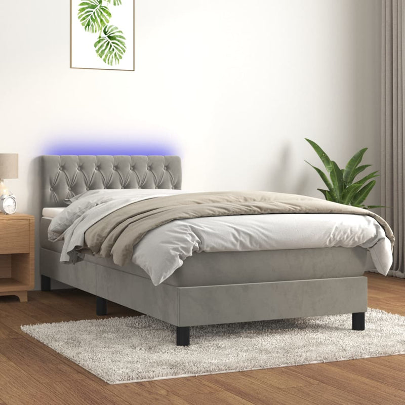 vidaXL világosszürke bársony rugós és LED-es ágy matraccal 90x190 cm