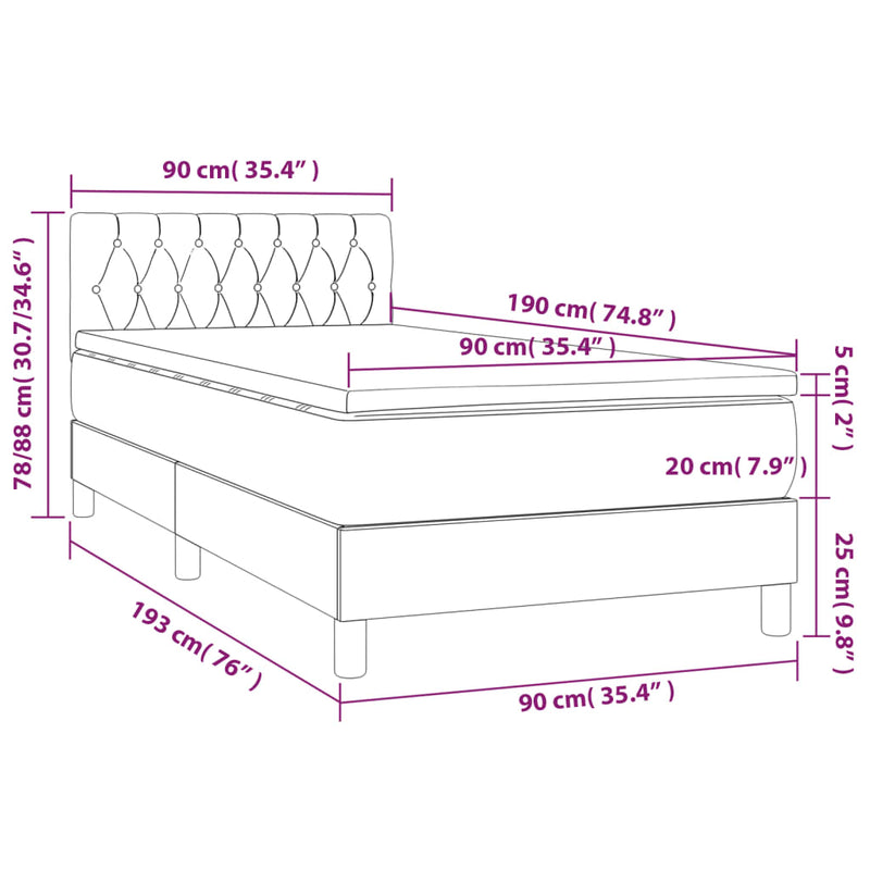 vidaXL sötétszürke bársony rugós és LED-es ágy matraccal 90x190 cm