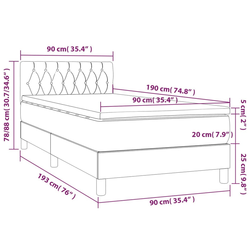 vidaXL fekete bársony rugós és LED-es ágy matraccal 90x190 cm