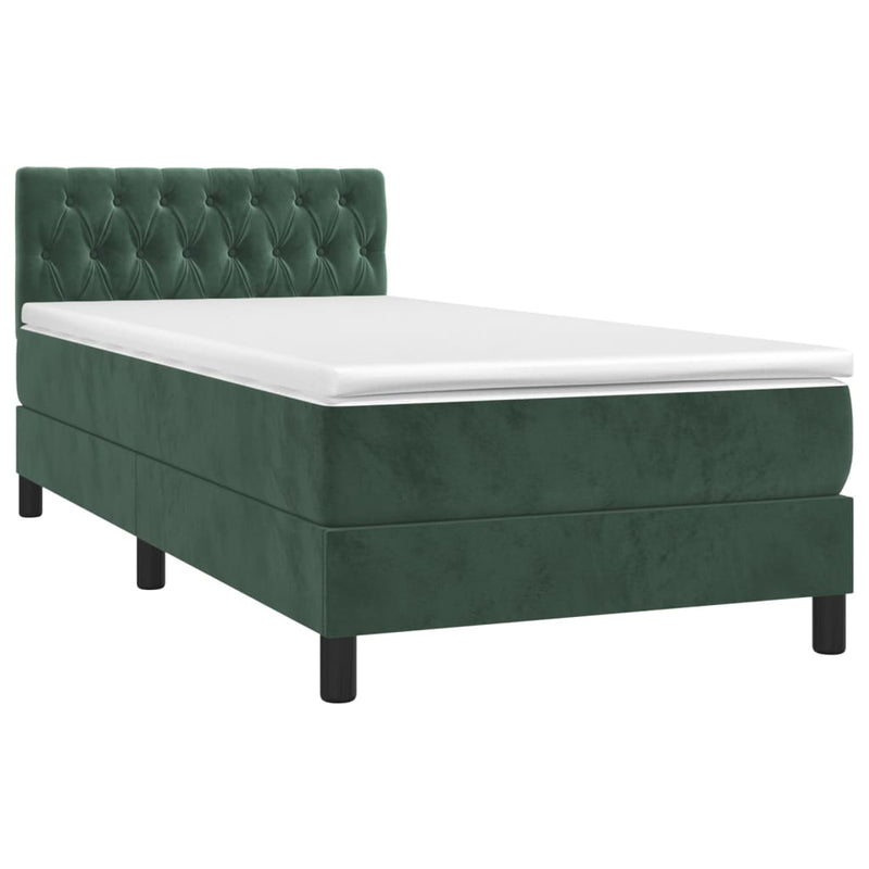vidaXL sötétzöld bársony rugós és LED-es ágy matraccal 90x190 cm