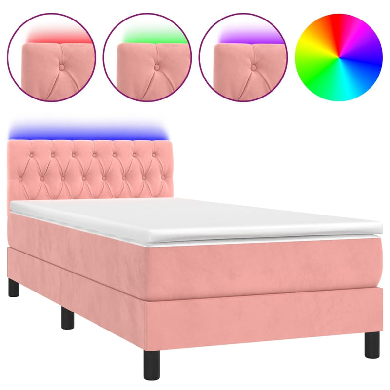 vidaXL rózsaszín bársony rugós és LED-es ágy matraccal 90x190 cm