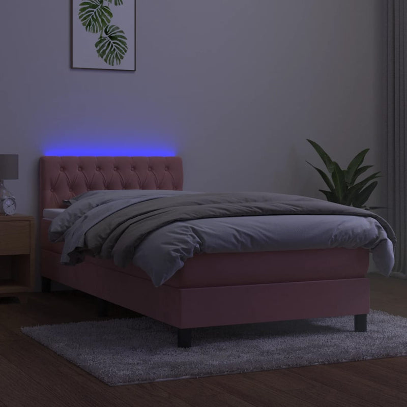 vidaXL rózsaszín bársony rugós és LED-es ágy matraccal 90x190 cm