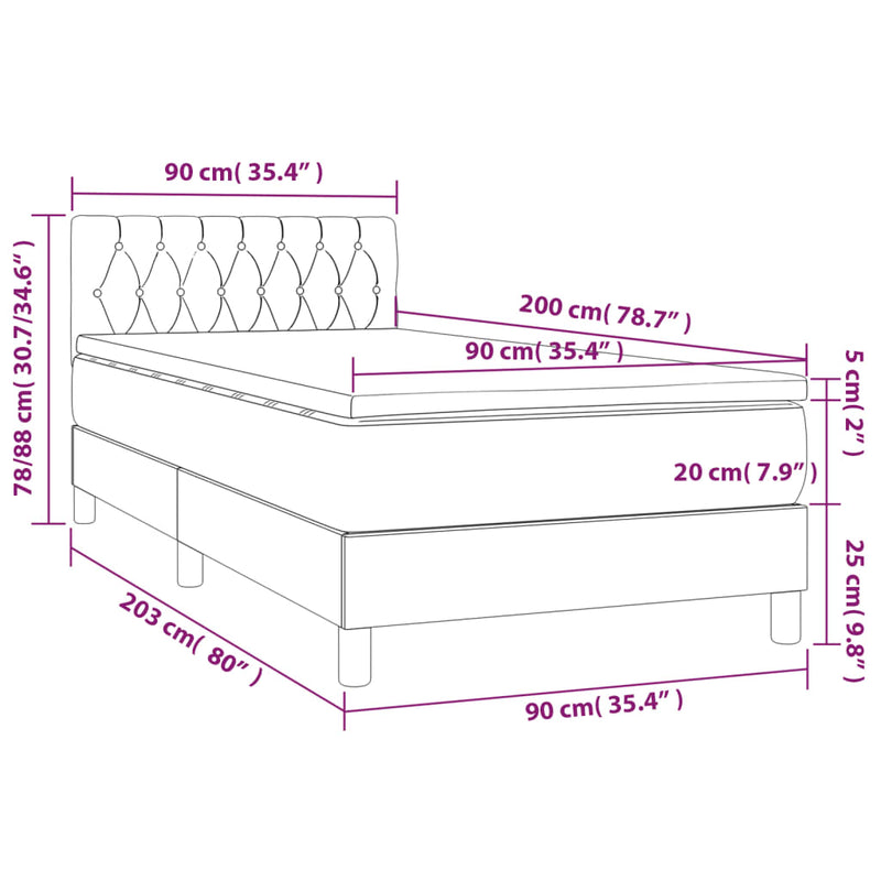 vidaXL fekete bársony rugós és LED-es ágy matraccal 90x200 cm