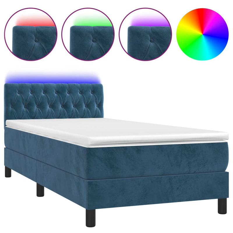 vidaXL sötétkék bársony rugós és LED-es ágy matraccal 90x200 cm