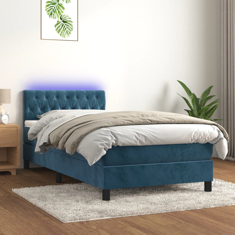 vidaXL sötétkék bársony rugós és LED-es ágy matraccal 90x200 cm