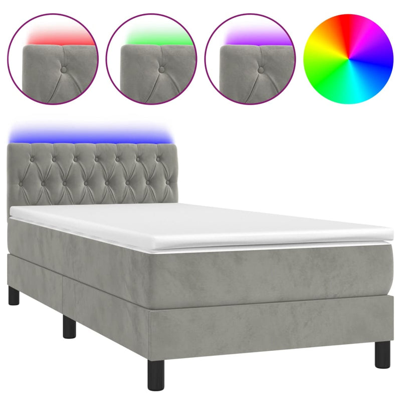 vidaXL világosszürke bársony rugós és LED-es ágy matraccal 100x200 cm