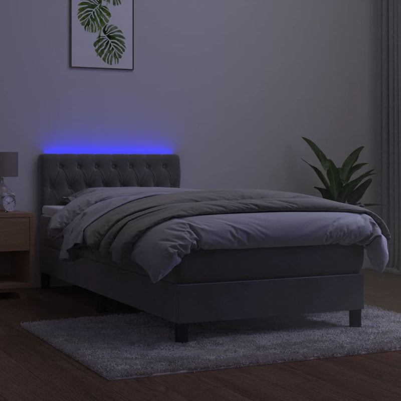 vidaXL világosszürke bársony rugós és LED-es ágy matraccal 100x200 cm