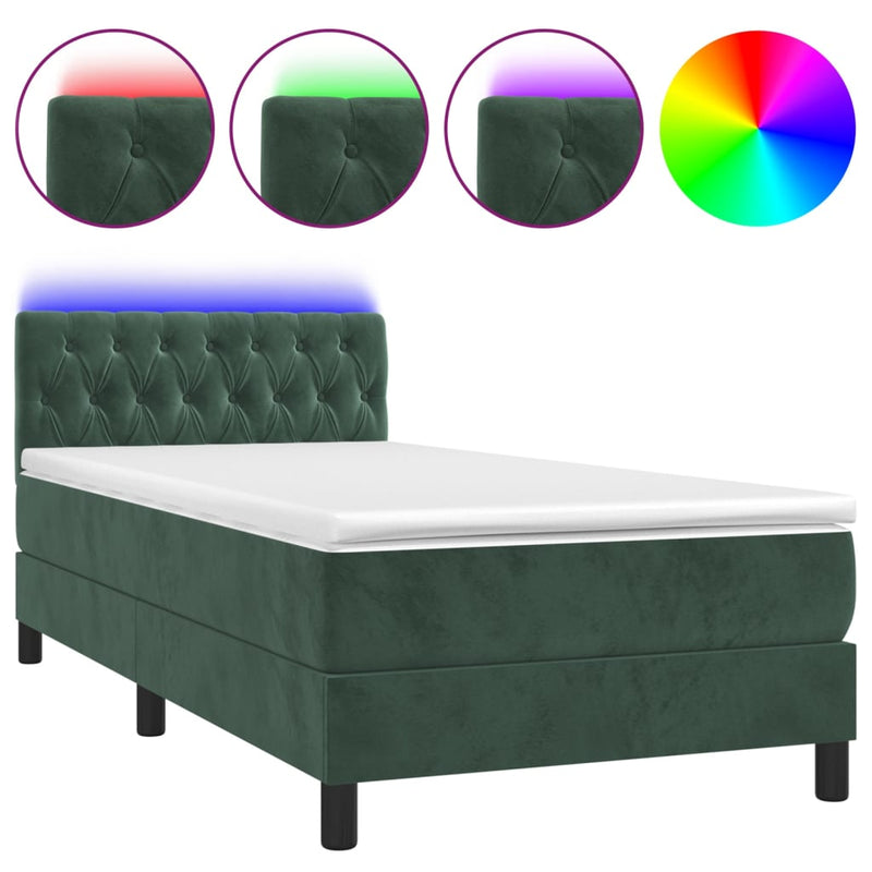 vidaXL sötétzöld bársony rugós és LED-es ágy matraccal 100x200 cm