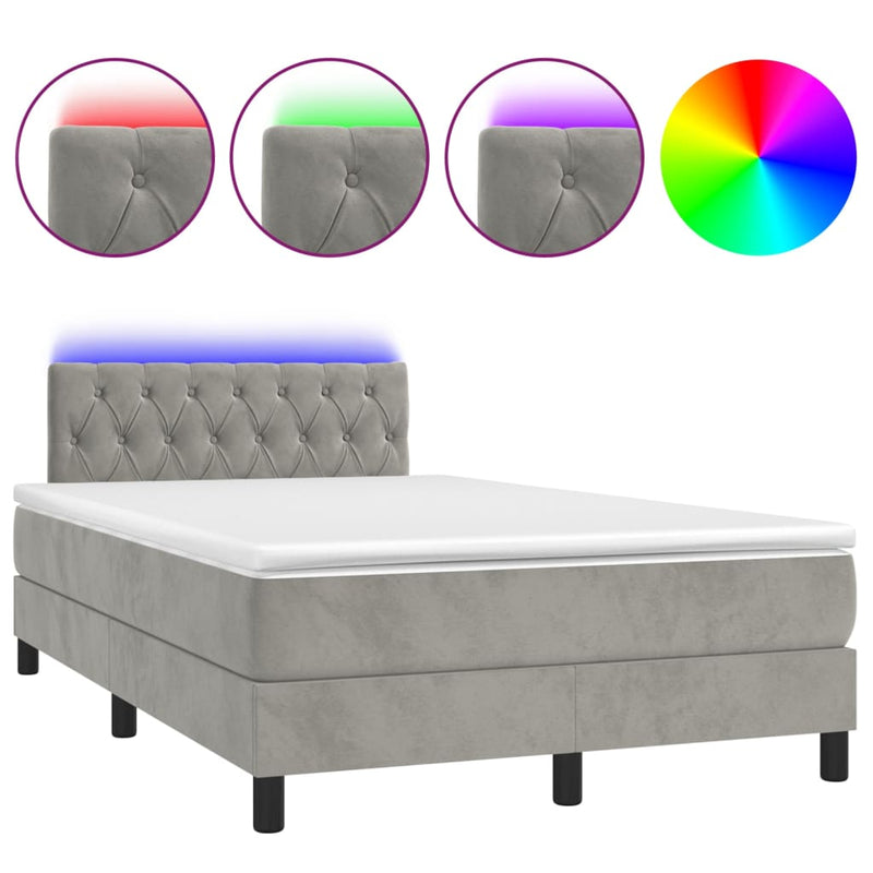 vidaXL világosszürke bársony rugós és LED-es ágy matraccal 120x200 cm