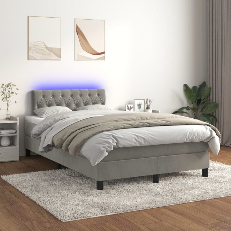 vidaXL világosszürke bársony rugós és LED-es ágy matraccal 120x200 cm