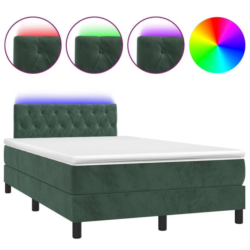 vidaXL sötétzöld bársony rugós és LED-es ágy matraccal 120x200 cm