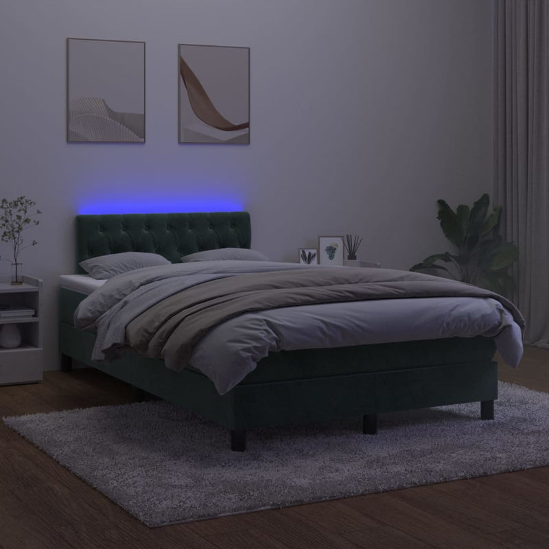 vidaXL sötétzöld bársony rugós és LED-es ágy matraccal 120x200 cm