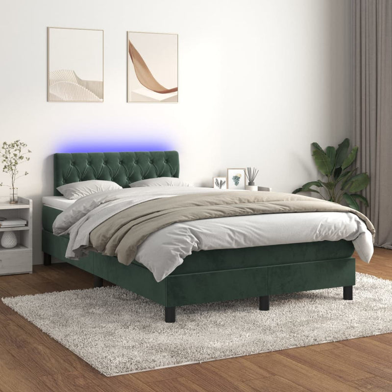 vidaXL sötétzöld bársony rugós és LED-es ágy matraccal 120x200 cm