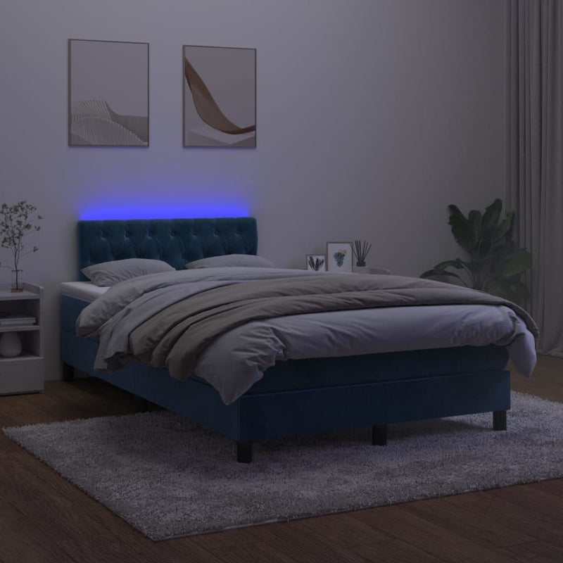 vidaXL sötétkék bársony rugós és LED-es ágy matraccal 120x200 cm