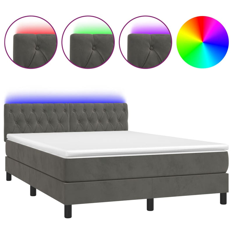 vidaXL sötétszürke bársony rugós és LED-es ágy matraccal 140x190 cm