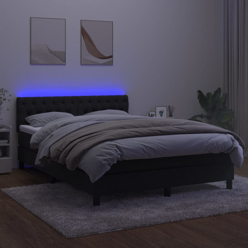 vidaXL fekete bársony rugós és LED-es ágy matraccal 140x190 cm