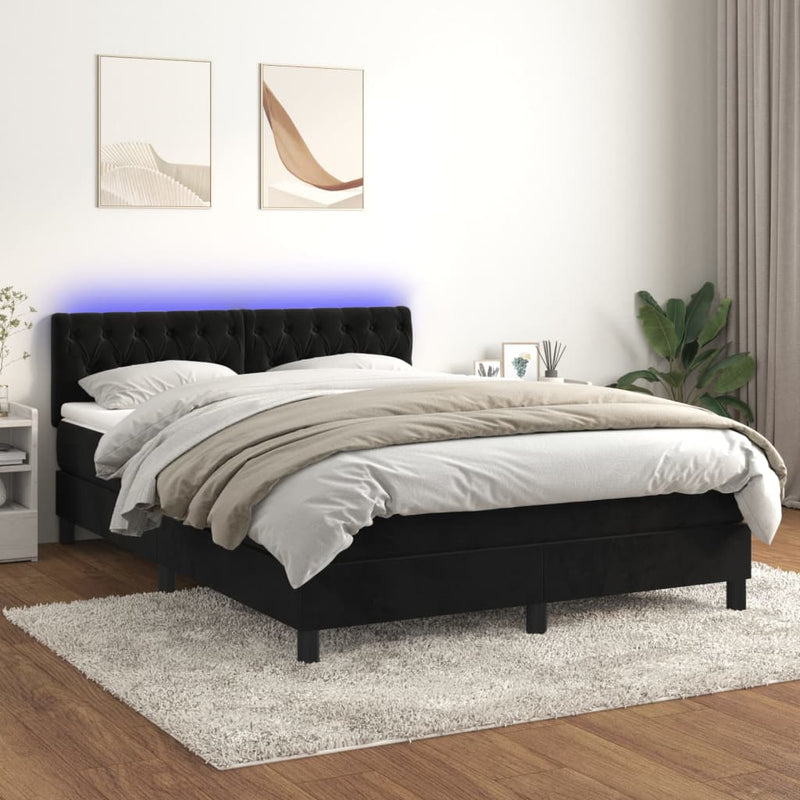 vidaXL fekete bársony rugós és LED-es ágy matraccal 140x190 cm