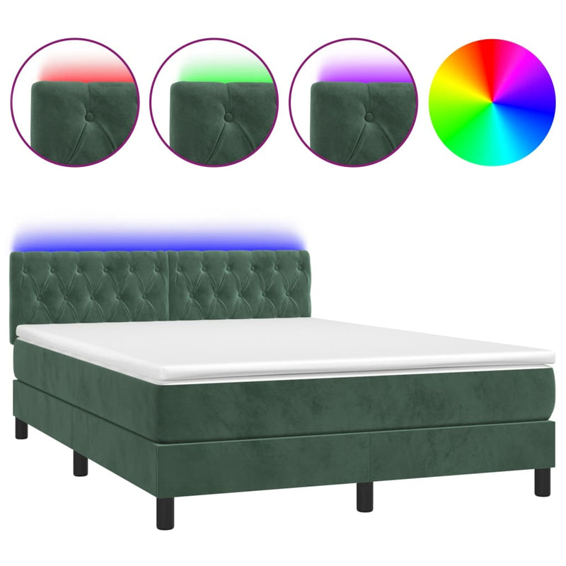 vidaXL sötétzöld bársony rugós és LED-es ágy matraccal 140x190 cm