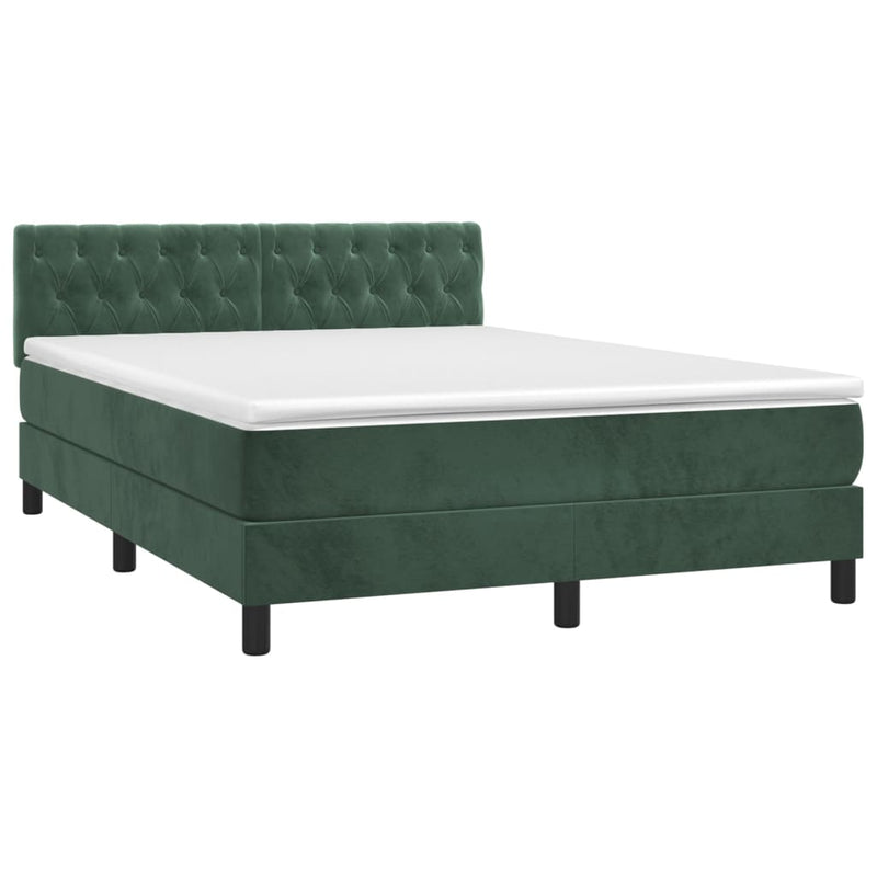 vidaXL sötétzöld bársony rugós és LED-es ágy matraccal 140x190 cm