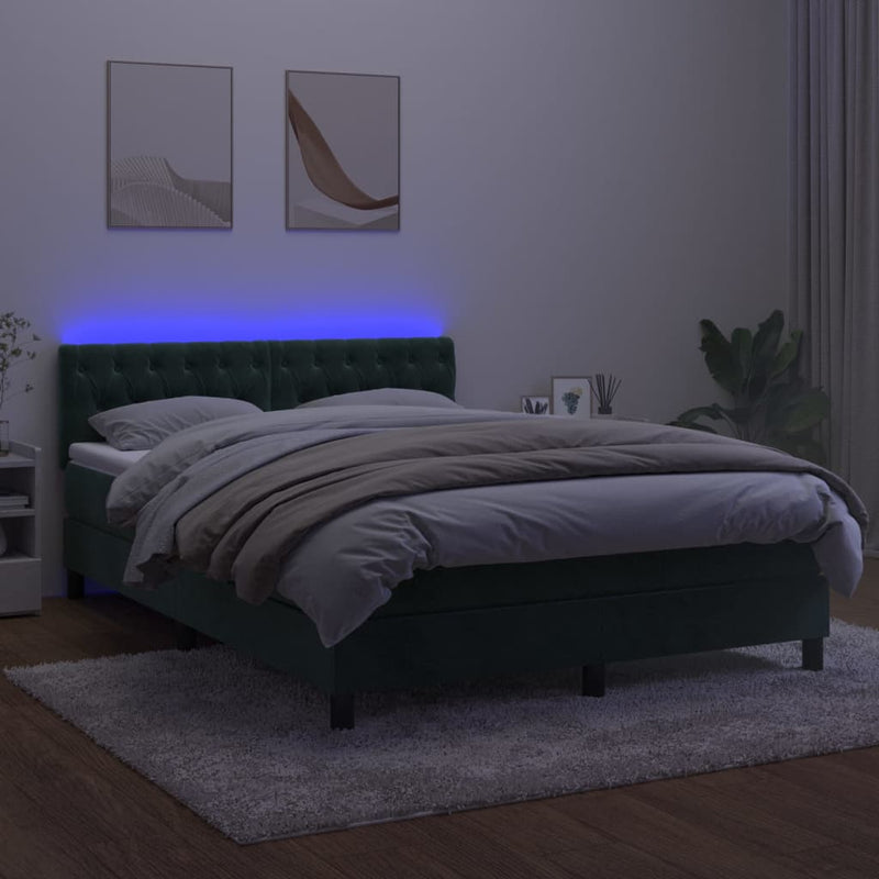 vidaXL sötétzöld bársony rugós és LED-es ágy matraccal 140x190 cm