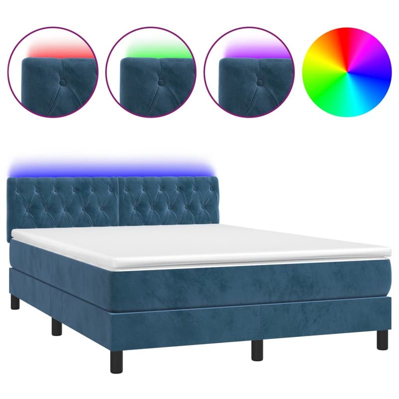 vidaXL sötétkék bársony rugós és LED-es ágy matraccal 140x190 cm