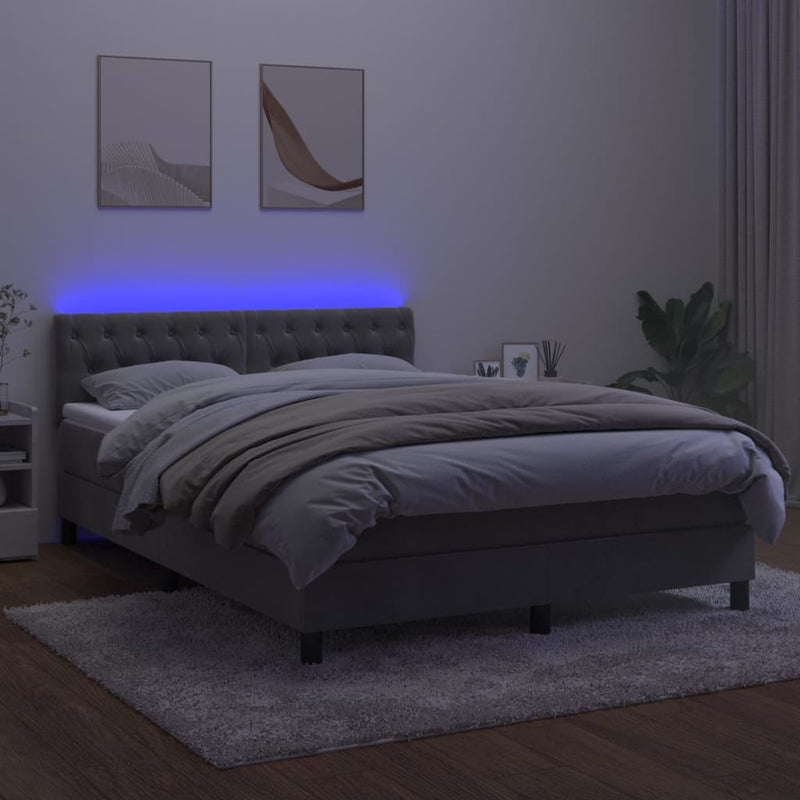 vidaXL világosszürke bársony rugós és LED-es ágy matraccal 140x200 cm