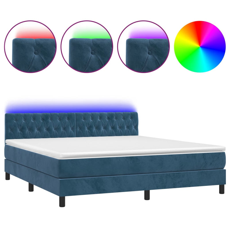 vidaXL sötétkék bársony rugós és LED-es ágy matraccal 160x200 cm
