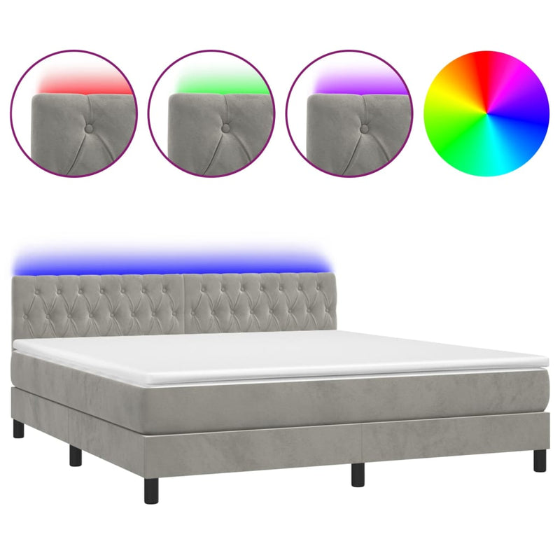 vidaXL világosszürke bársony rugós és LED-es ágy matraccal 180x200 cm