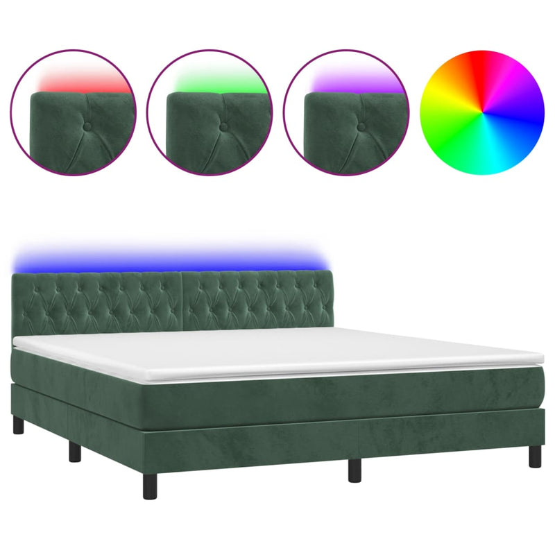 vidaXL sötétzöld bársony rugós és LED-es ágy matraccal 180x200 cm