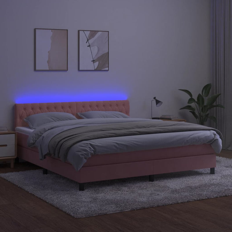 vidaXL rózsaszín bársony rugós és LED-es ágy matraccal 180x200 cm